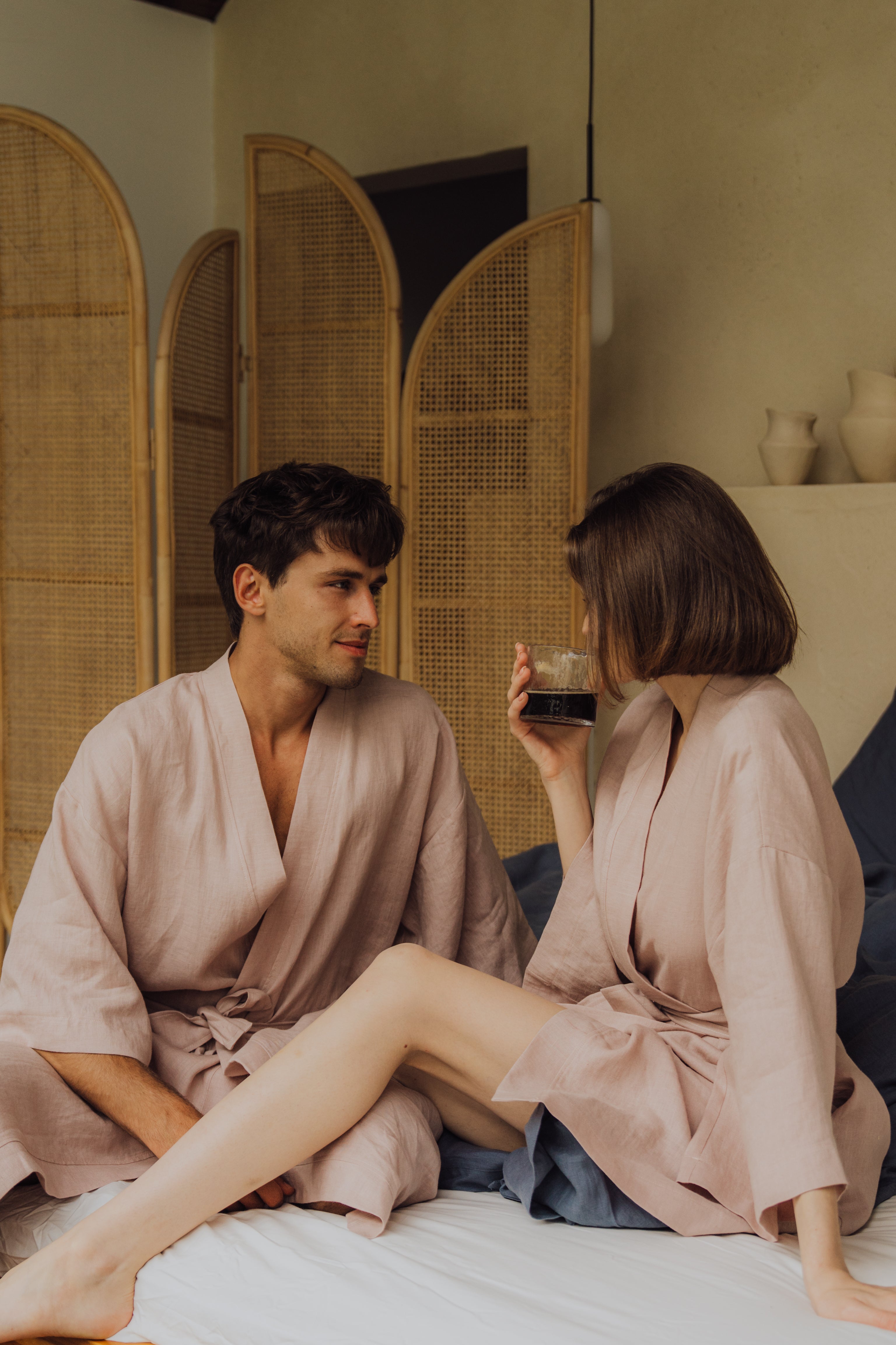 Kimono lniane Plantule długie (jasny róż)